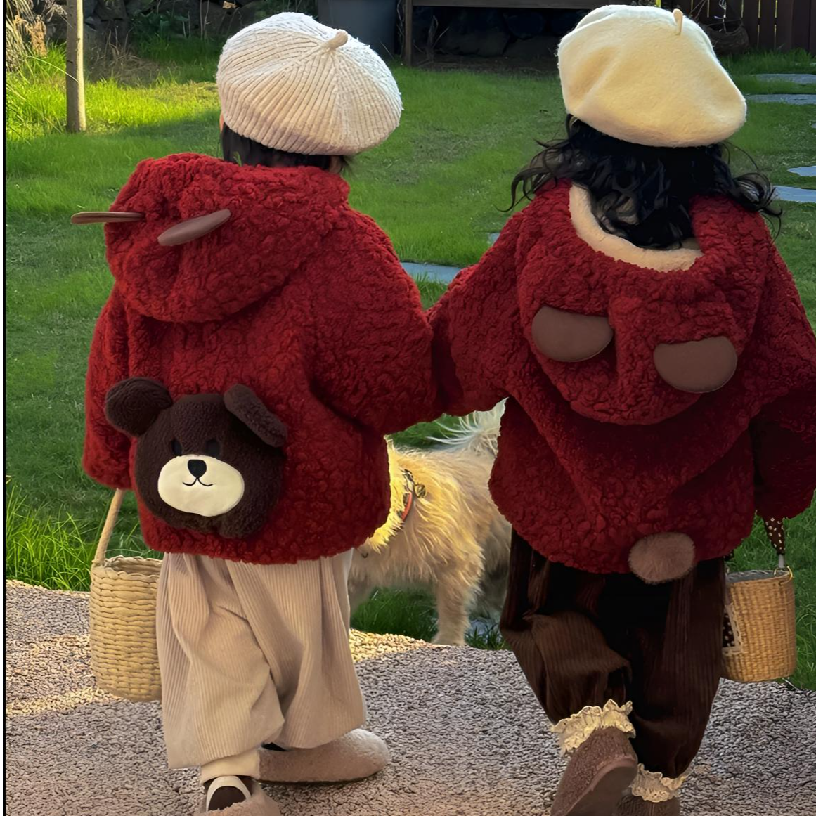 儿童羊羔绒小熊外套2025秋冬新款男女童可爱毛毛衣外套兄妹拜年服