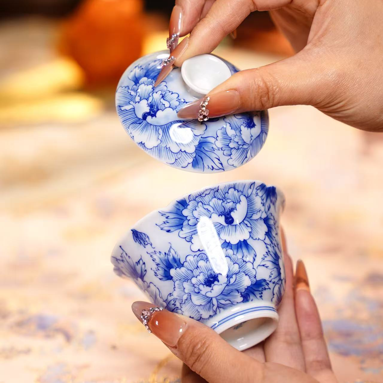 【国色芳华】 青花牡丹盖碗 手绘茶具喝茶饮茶DMFH2133