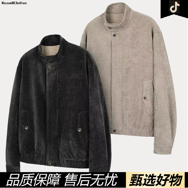 新款美式复古树纹肌理灯芯绒千鸟格内里哈灵顿夹克短款外套N7146