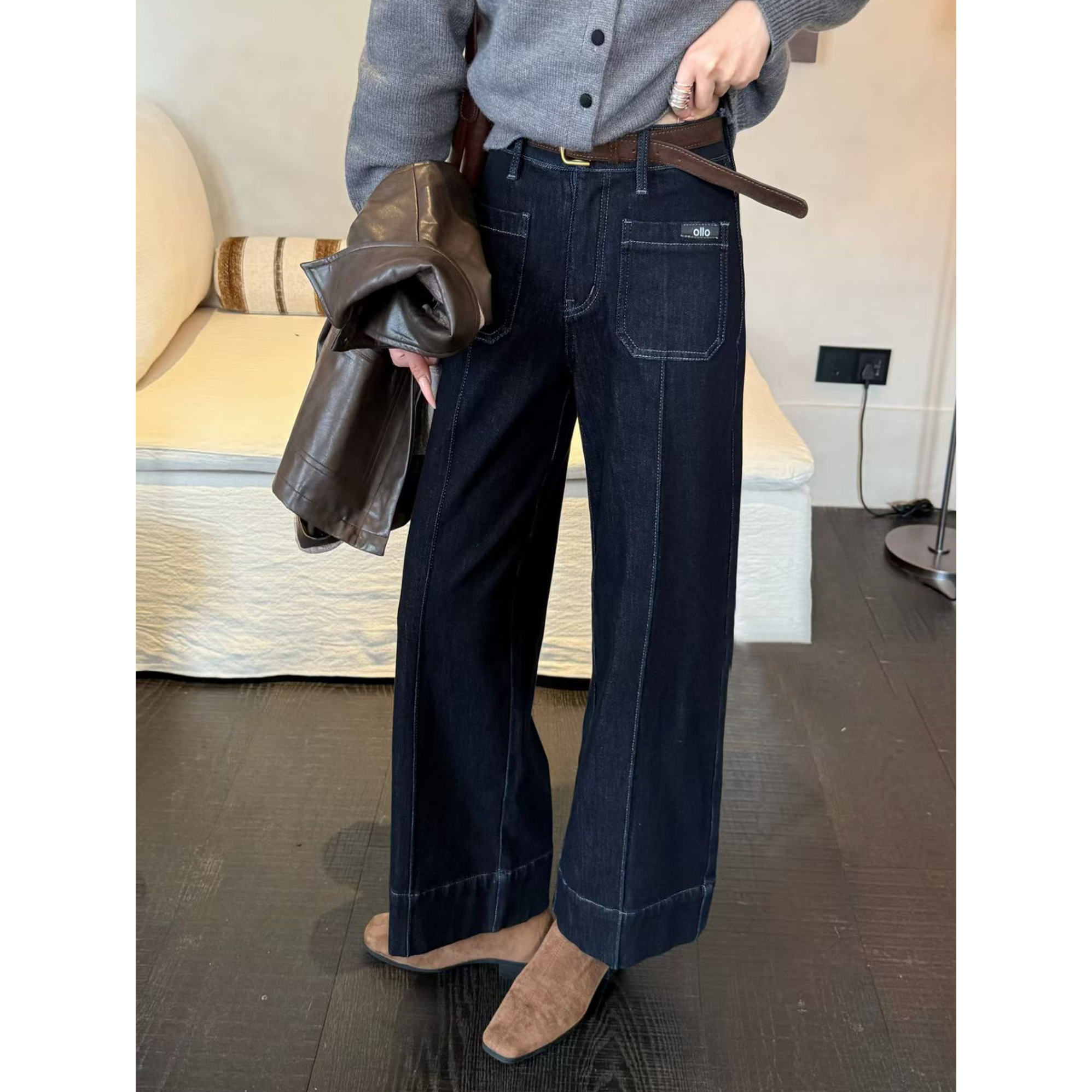 黑金色加绒加厚直筒牛仔裤女秋冬小个子微胖MM腿粗显瘦百搭阔腿裤