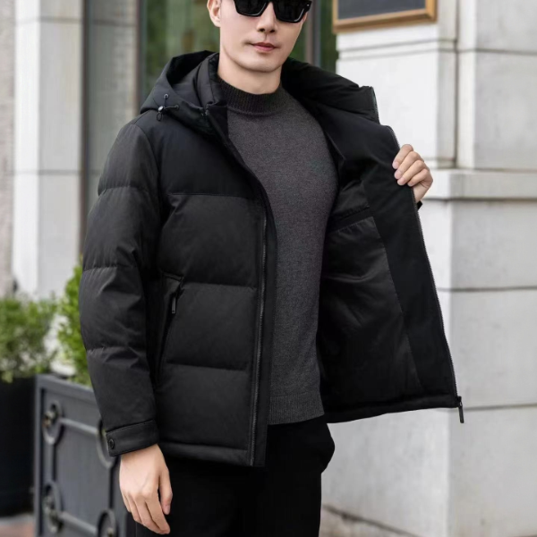 短款保暖74cm连帽男款加厚男士时尚休闲百搭黑色潮流冬季