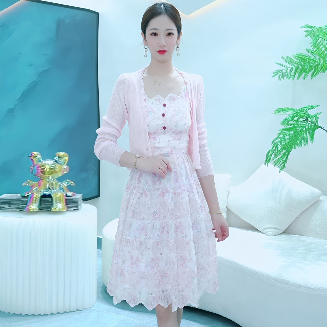 2025秋季女装时尚温柔风绣花吊带连衣裙两件套裙子套装3028