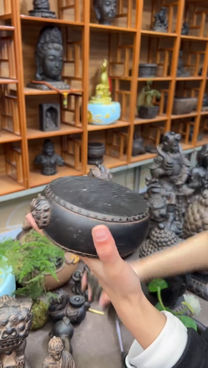 陶土【火山泥】双面兽头鼓【微瑕】