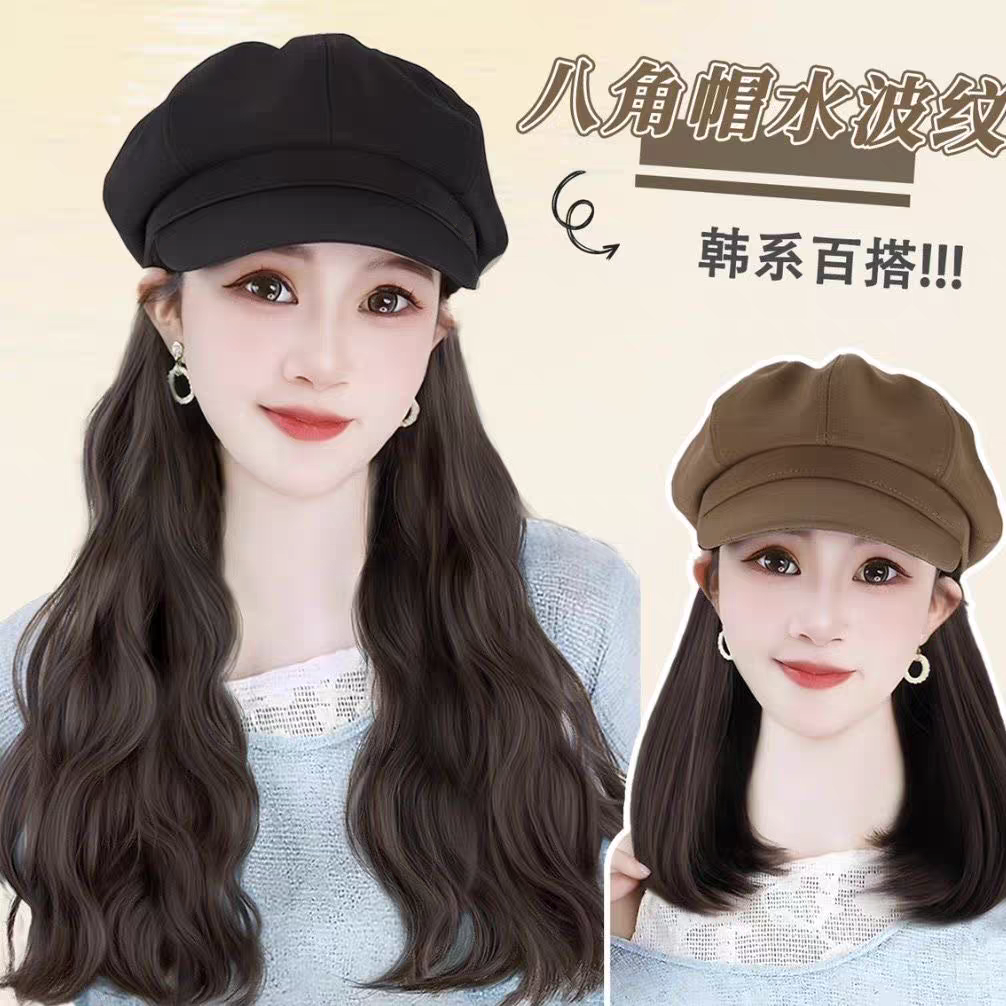 气质八角帽假发一体假发女仿真发秋冬新款时尚卷发造型保暖大波浪