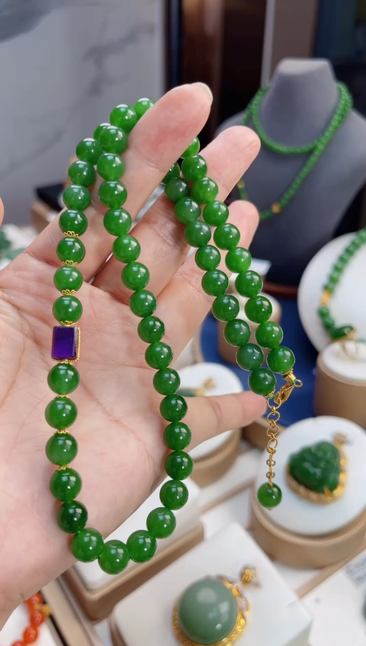 【闪购商品】和田玉项链18K金镶嵌8mm