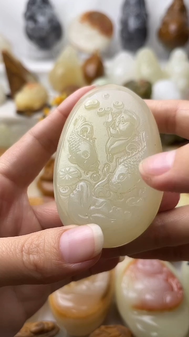 石材古青石棉纹正常不退换荷花鱼微瑕