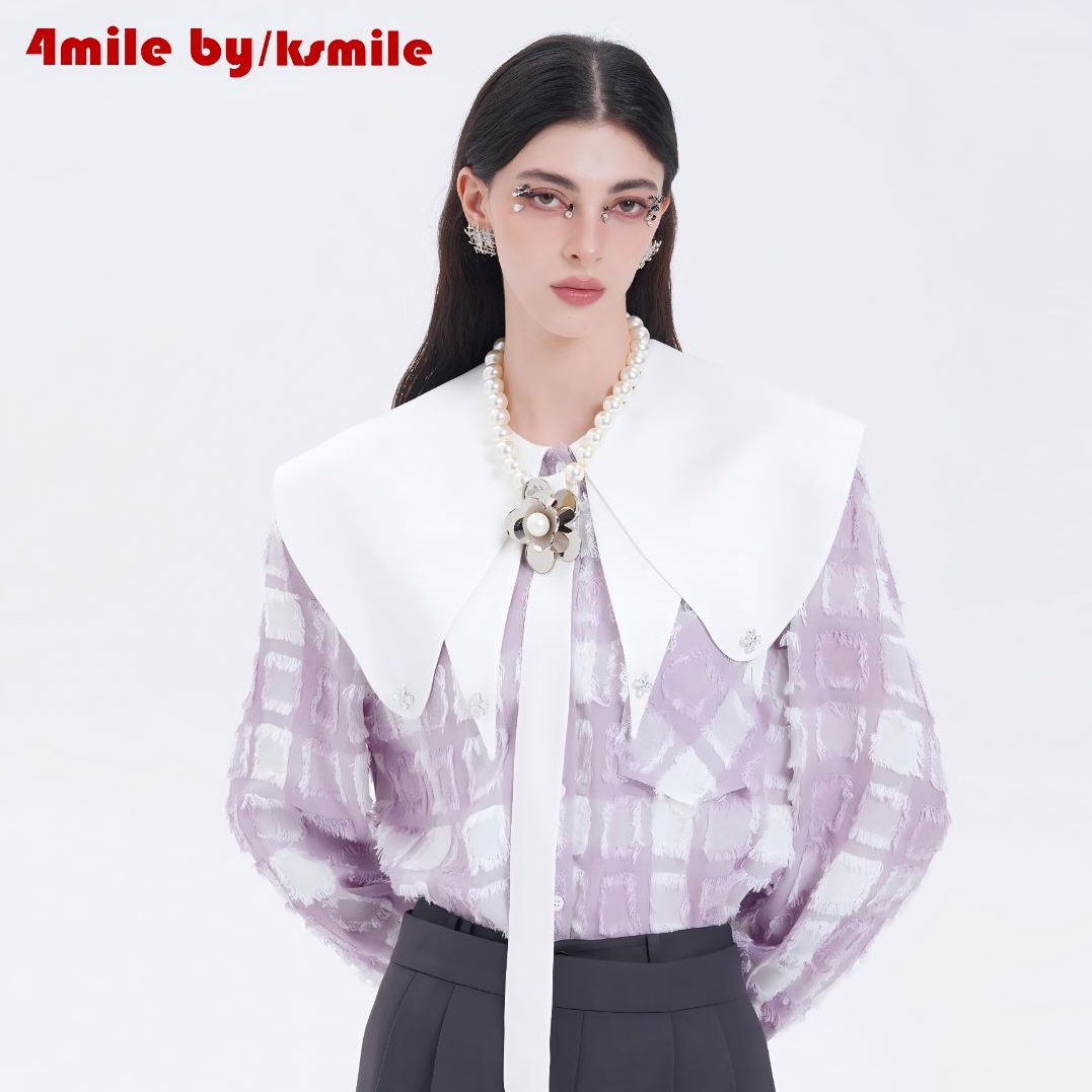 4MILE BY KSMILE | 定格春悸格纹海军领珠珠领带衬衫设计感上衣