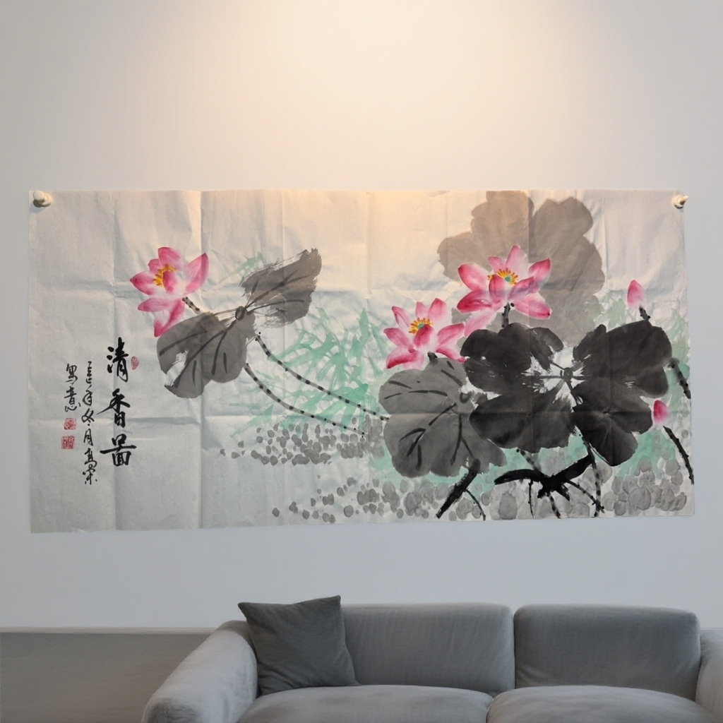 手绘宣纸写意国画，荷花图客厅装饰佳作