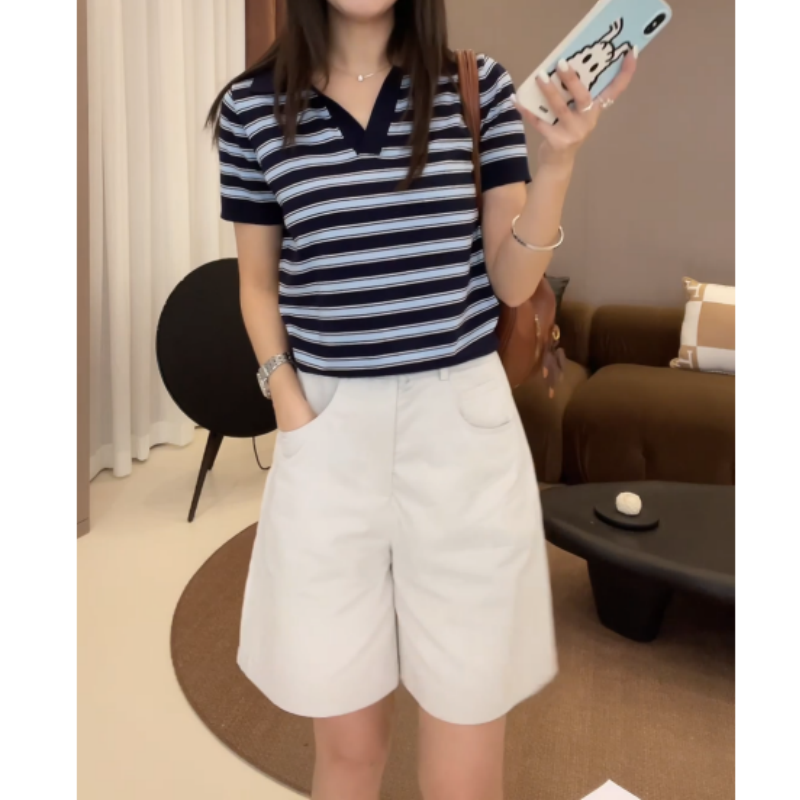 【静蓝漂泊】设计感条纹V领拼接POLO衫T恤+百搭显瘦短裤LK2505069