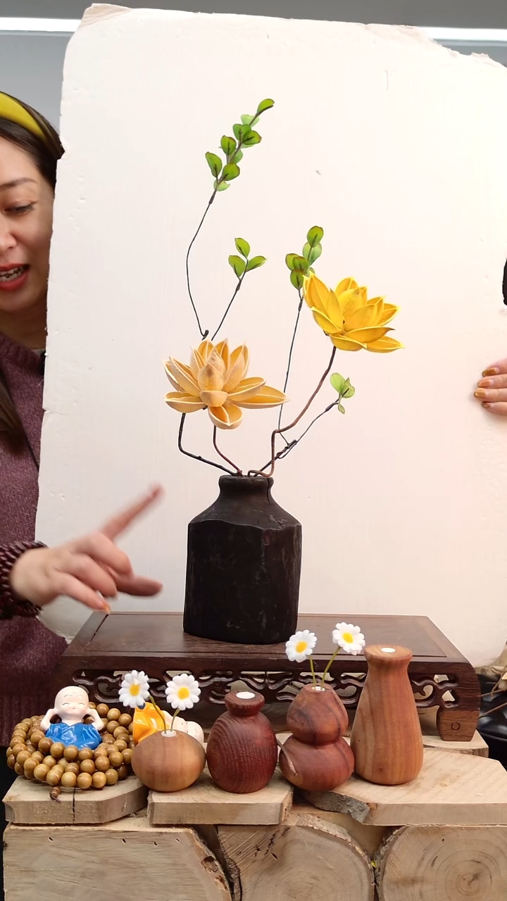 木实木花瓶连花带瓶子一套 