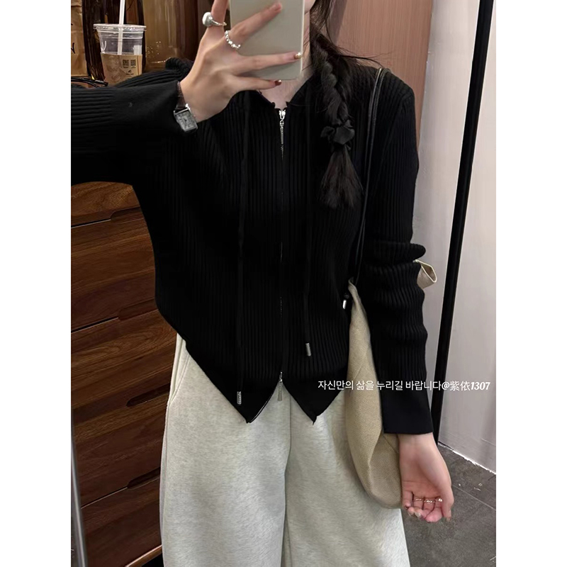 【黑色】开衫外套3682超柔软高品质连帽针织毛衣