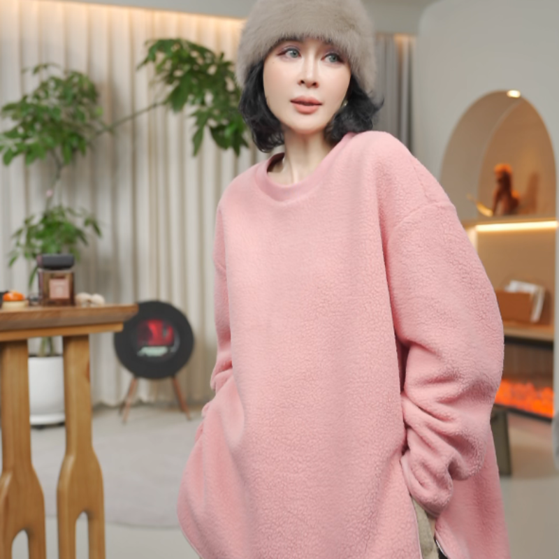 松弛减龄侧拉链颗粒绒圆领长袖加厚卫衣M9212