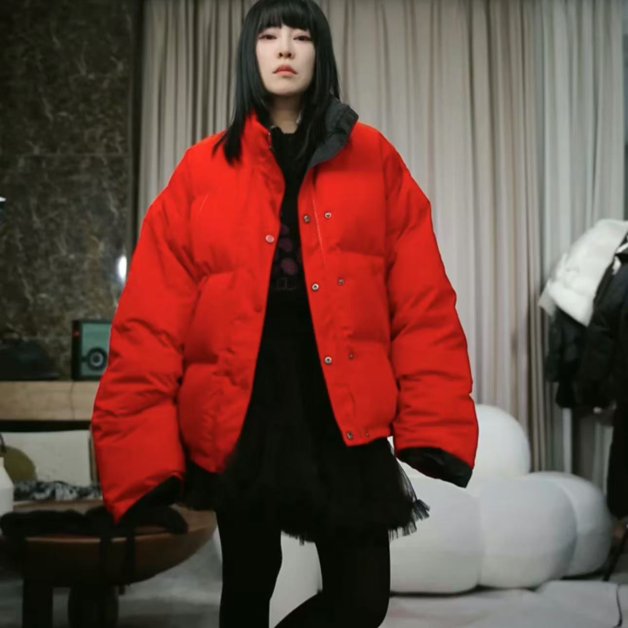 infobyfive2025冬季新款正反两穿黑红棉服外套2EA0603