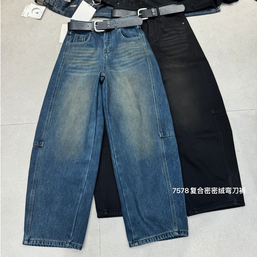 7578加复合绒弯刀裤女子牛仔裤