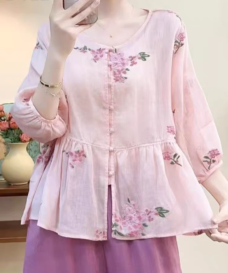 1730新款苎麻刺绣v领衬衫女新中式高端中袖上衣