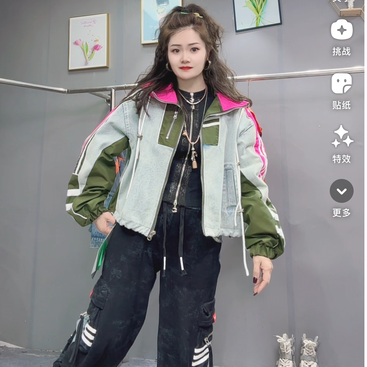 LY家95599#7+春季粉色帽牛仔拼接收腰外套