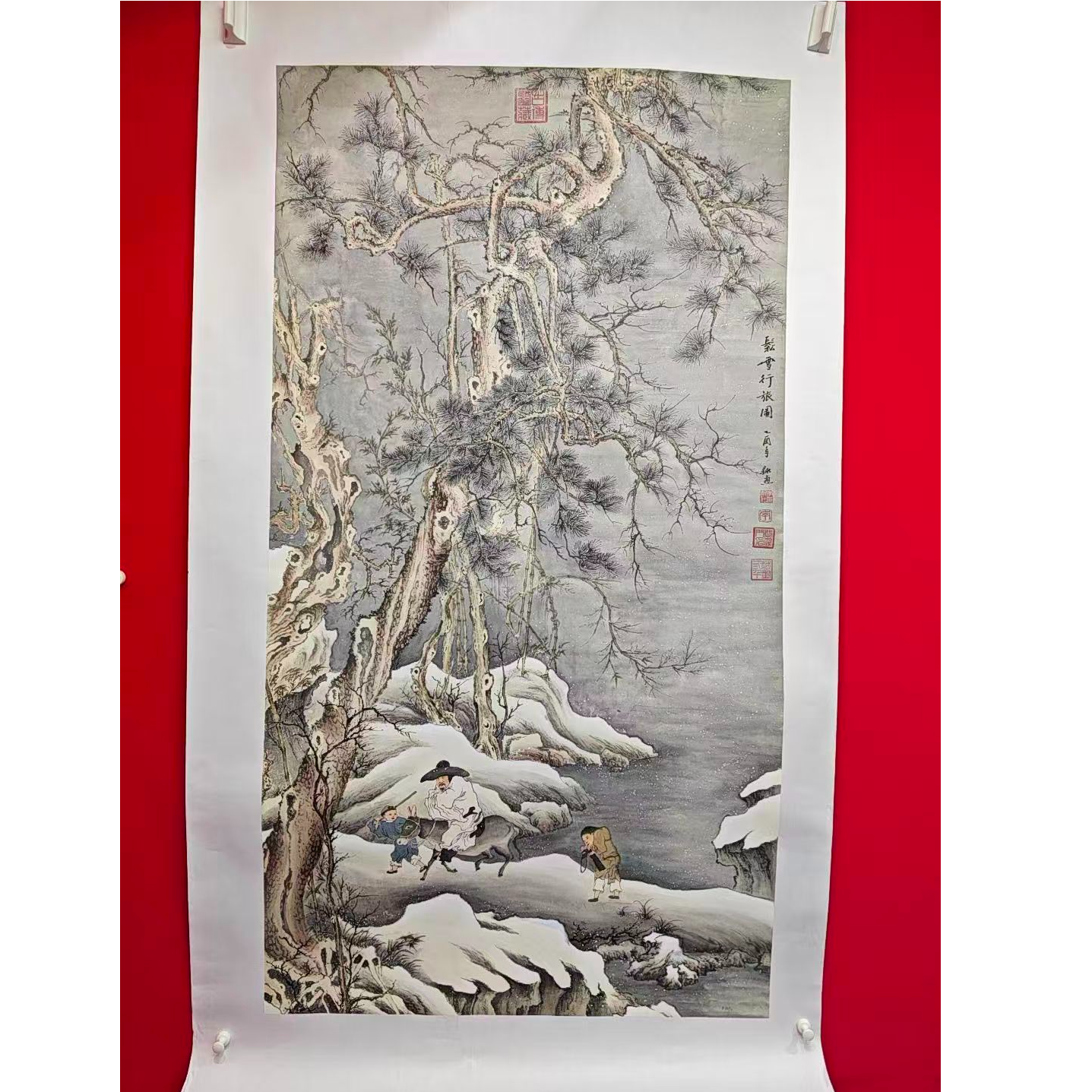 李新社手绘宣纸六尺竖松雪行旅图山水画