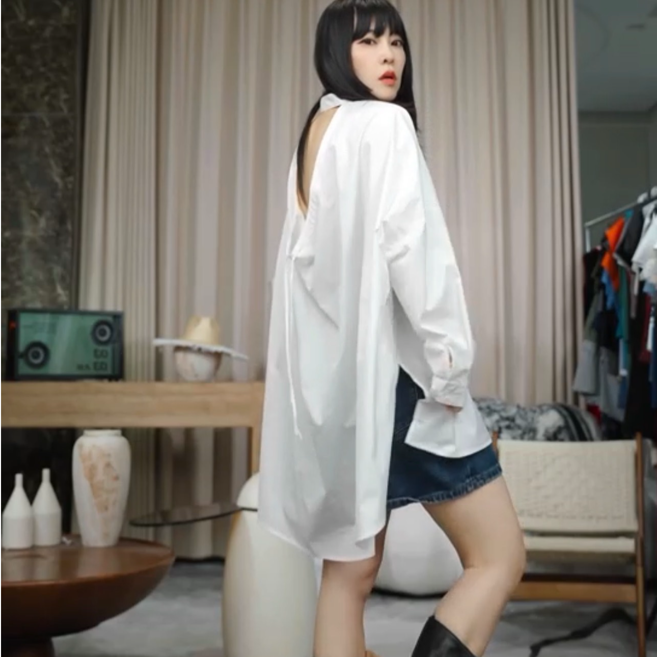 infobyfive福利秋冬新款后漏背长袖衬衫风衣外套一店NF0507215