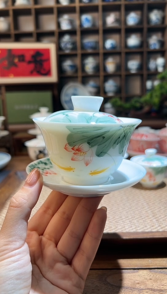 【闪购商品】五彩荷花锦鲤三才盖碗