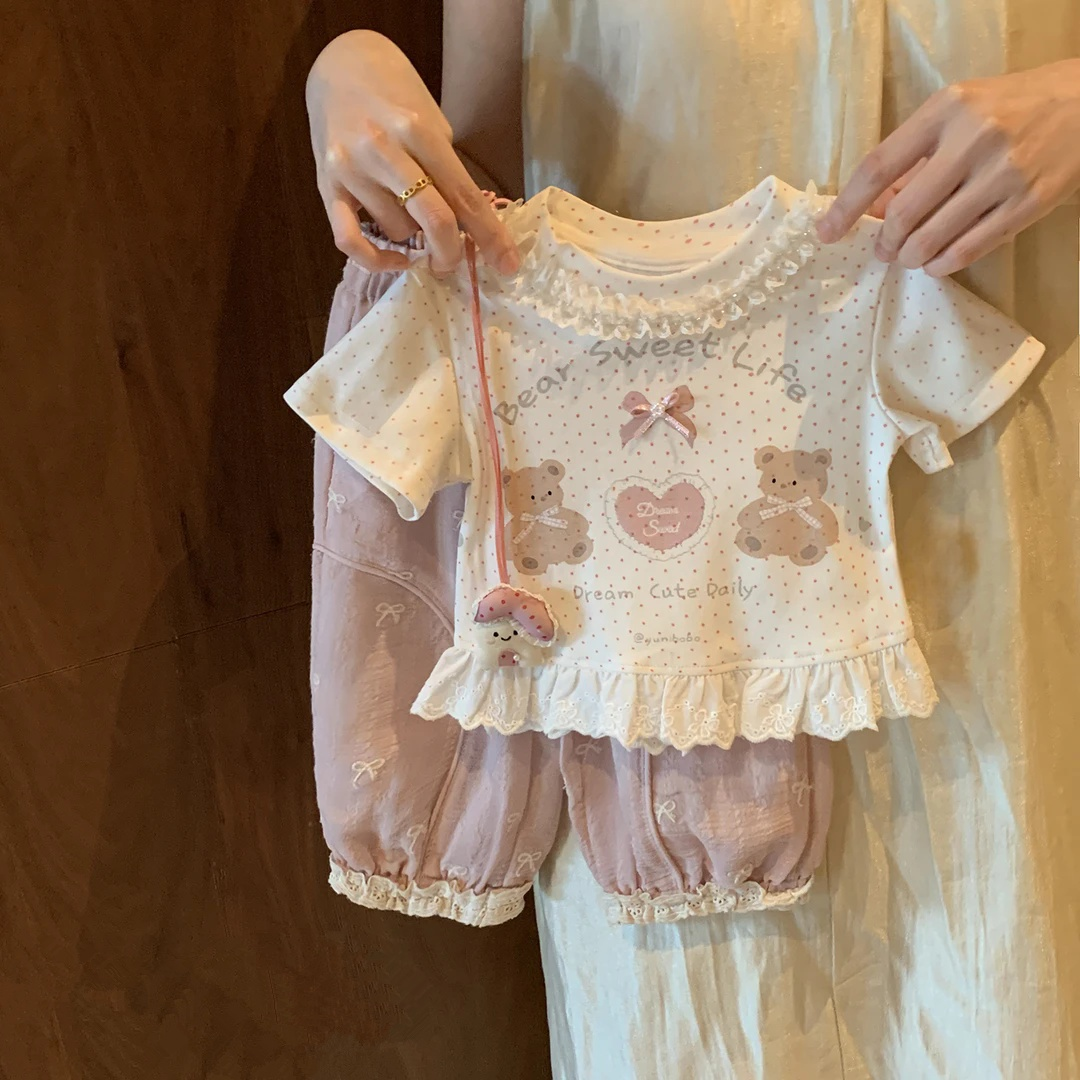 女童甜美套装幼儿园2025夏季中小童宝宝洋气短袖上衣防蚊裤两件套