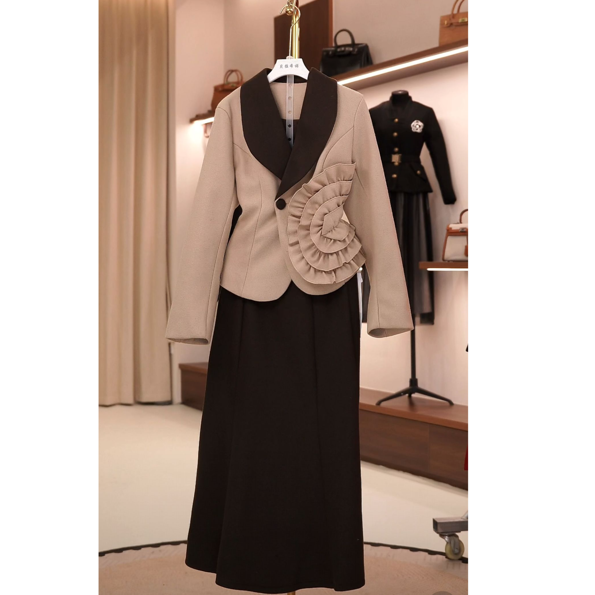 kk048两件套有里布咖色长袖上衣鱼尾半身裙套装厚款