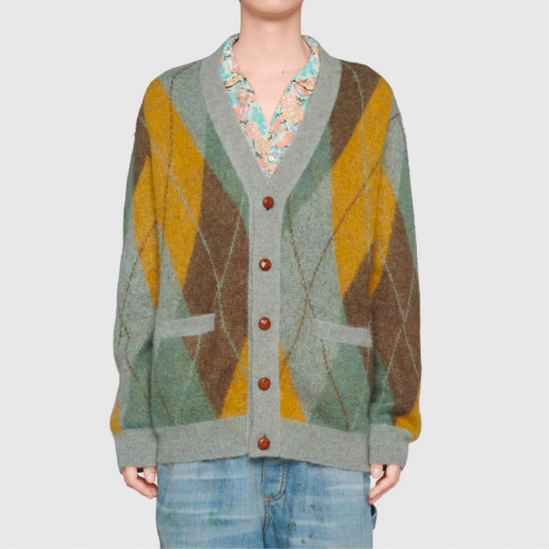 未使用 GUCCI/古驰 针织长袖开衫 灰绿黄/XS