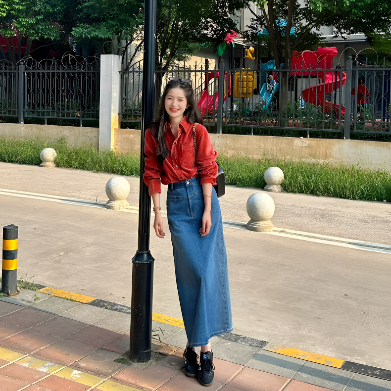 GIRDEAR/哥弟爆款高腰复古后开叉牛仔中长款半身长裙1200370