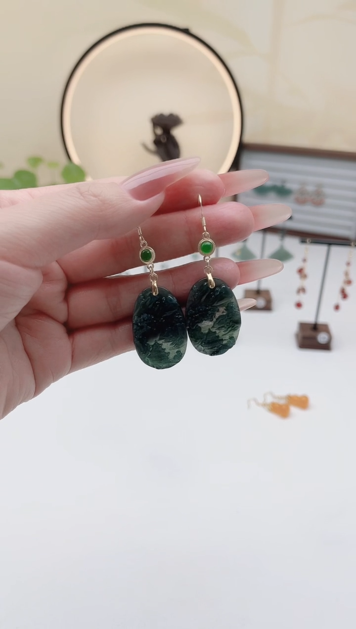 未镶嵌翡翠耳饰00翡翠山水牌