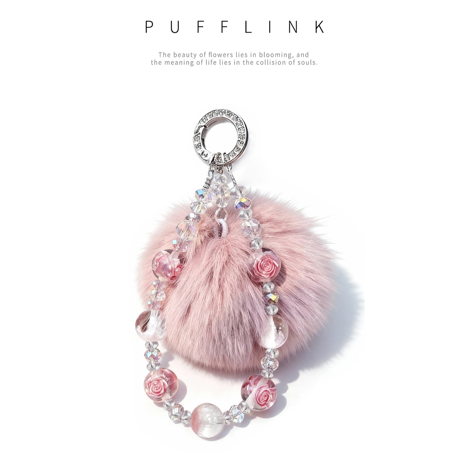 新款粉色流沙玫瑰串珠手机链包挂钥匙扣手工女款网红短款ins