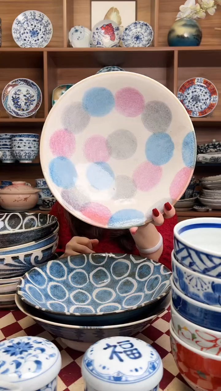 【闪购商品】瓷片笔青粉色点打25cm斗笠大钵