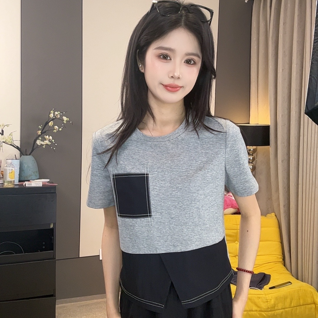 蔡小姐2025夏季新款拼接t恤时尚洋气短款休闲女上衣