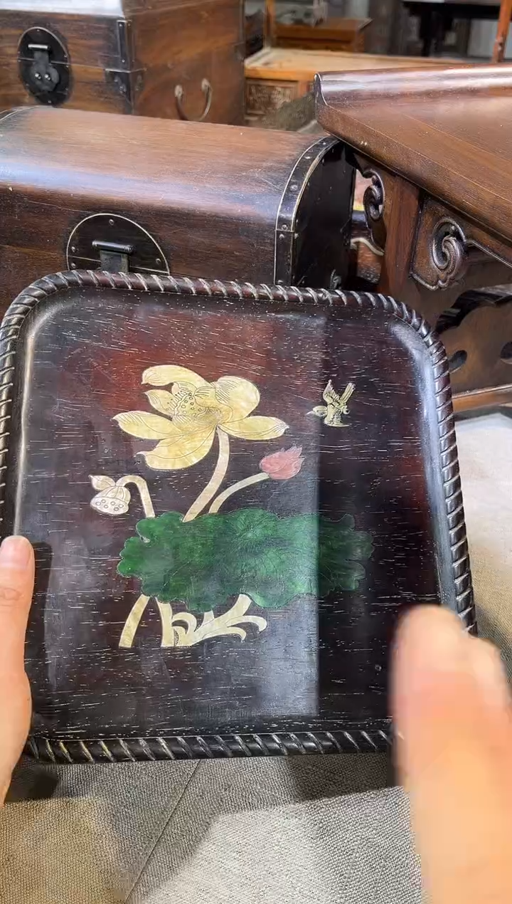 檀香紫檀（小叶紫檀）镶嵌一只鸟茶盘