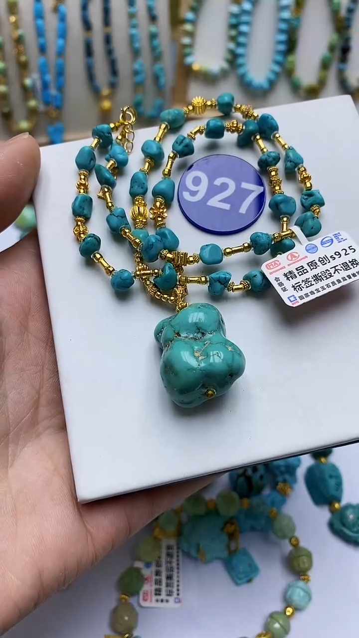 绿松石银S925镶嵌项链927