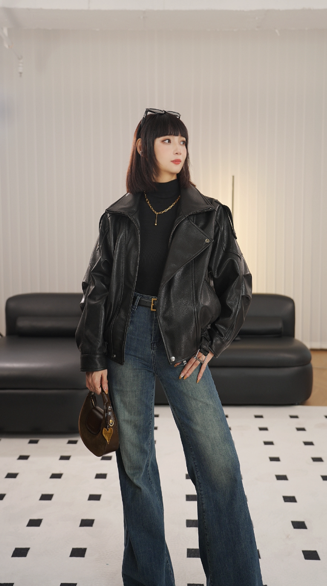 小个子版杨树1.0英胚进口自然泡头层山羊皮机车皮衣外套