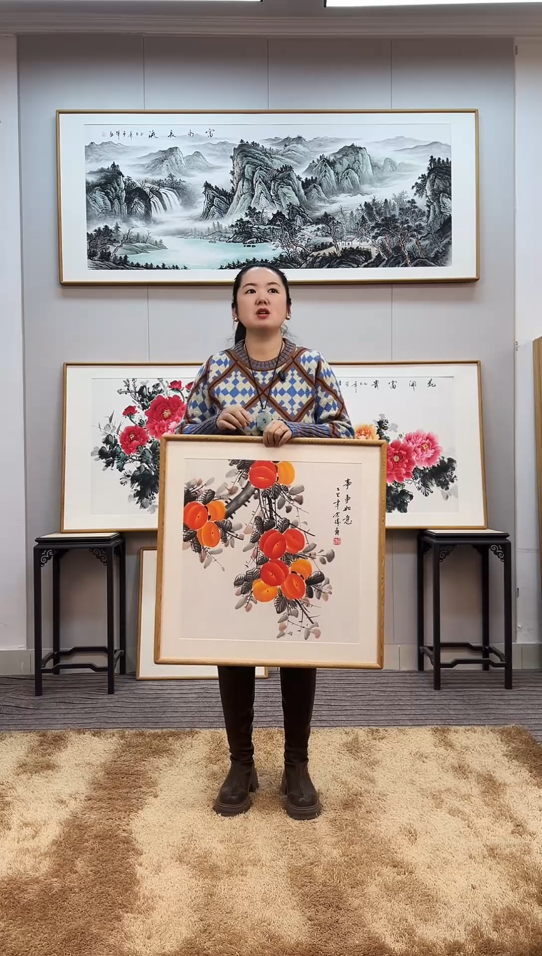 国画手绘柿子62*62尺寸