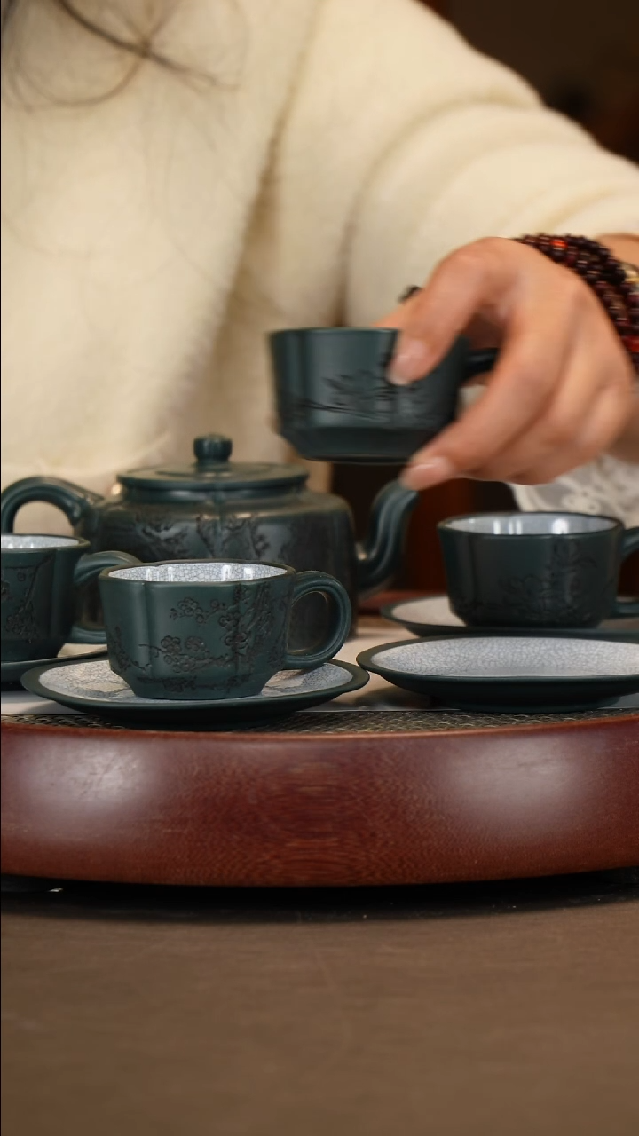 【闪购商品】紫砂茶壶【徐南】雪花绿泥梅花周盘套组 320CC