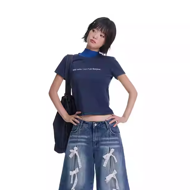 自播 Oink oink 深蓝色你好T恤圆领正肩修身显瘦短袖