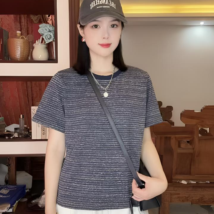 雪花棉条纹短袖气质T恤半袖修身型休闲圆领欧美风女夏季