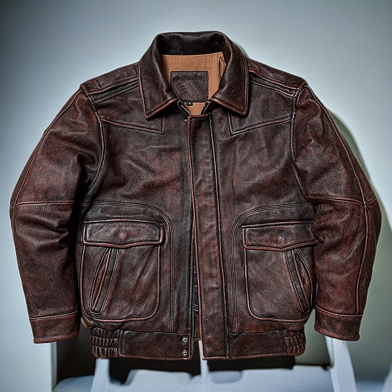 港风男女同款重水洗做旧阔版宽松飞行服厚软牛皮春秋真皮皮衣外套
