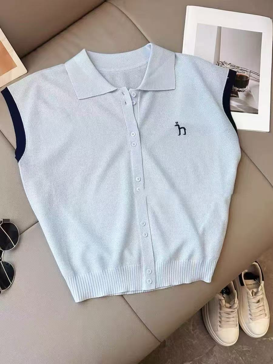 【六六门店仓】85053冰丝薄款撞色针织衫短袖夏季设计感Polo领开衫