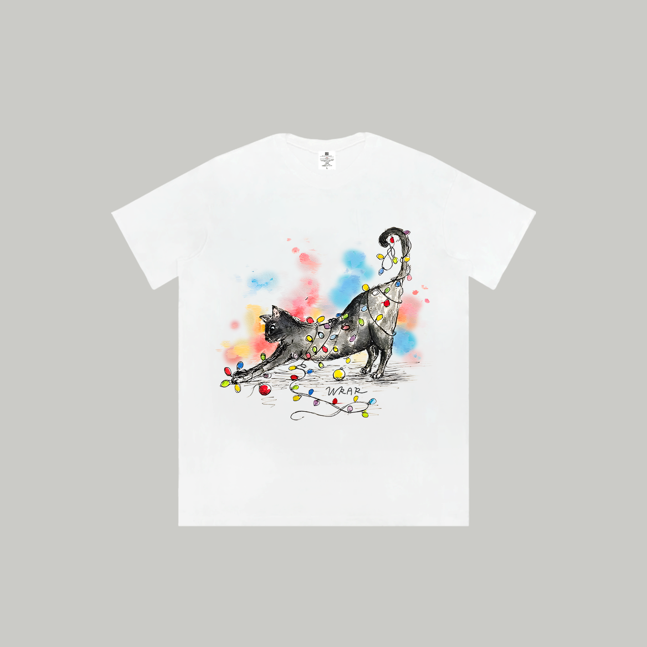 【彩灯小猫】新品潮流夏季透气宽松T恤白色休闲情侣春夏个性印花