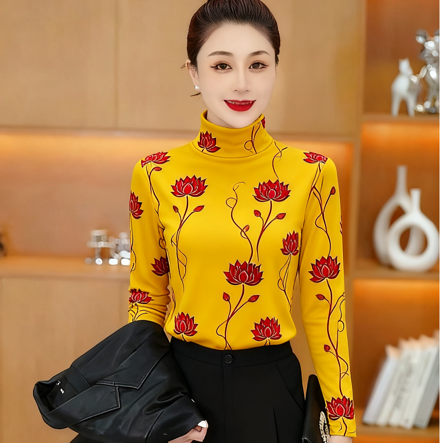 【双面绒】加厚荷花女常规休闲风长袖拼接轻职风T恤休闲打底衫冬季