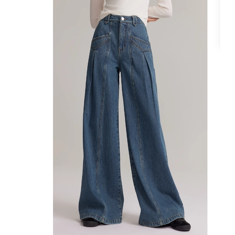 水洗无弹力牛仔裤小个子长裤时尚感宽松阔腿裤秋季垂感设计感新款