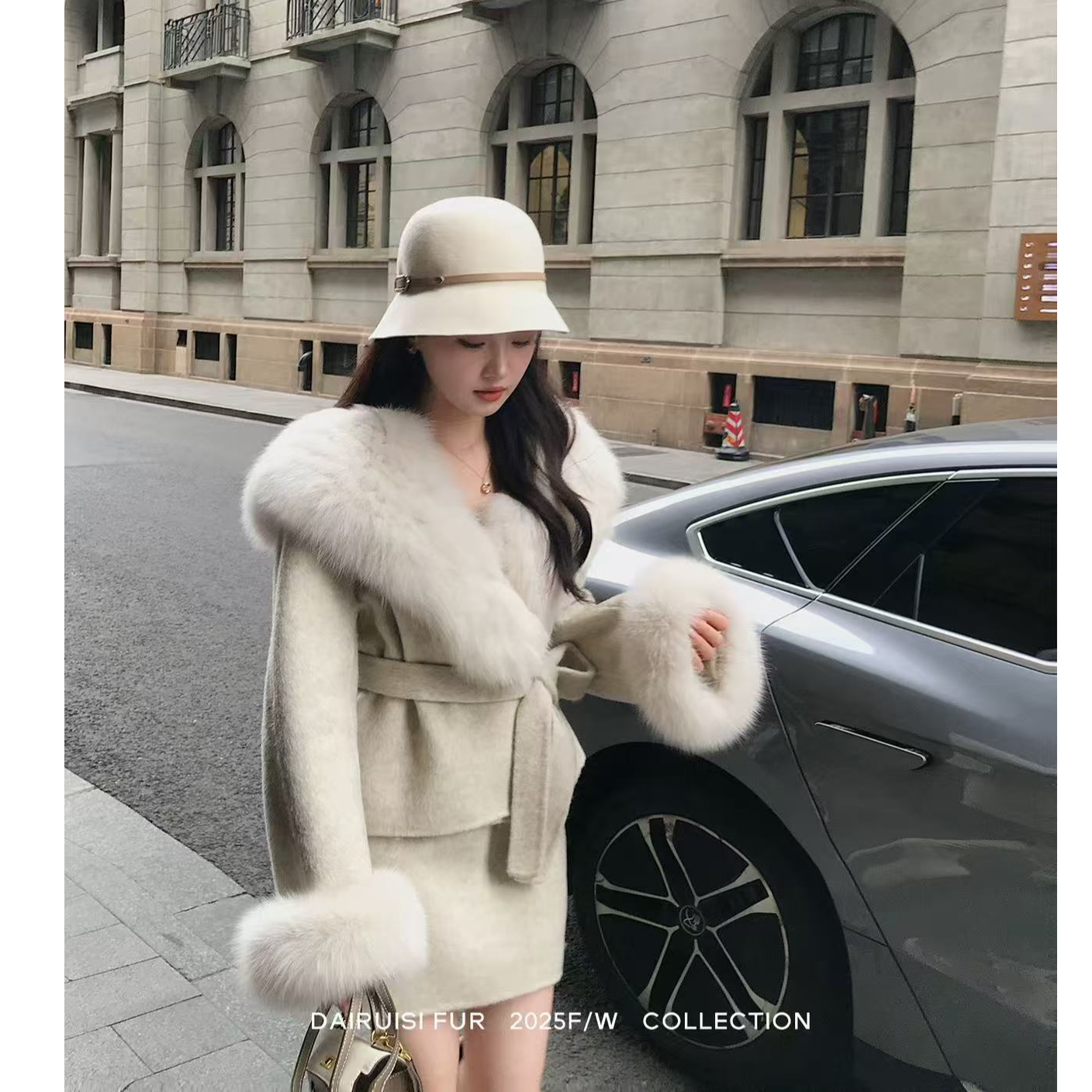 【两件套】2025冬新双面呢大衣女毛领海军领毛呢子套装S911234