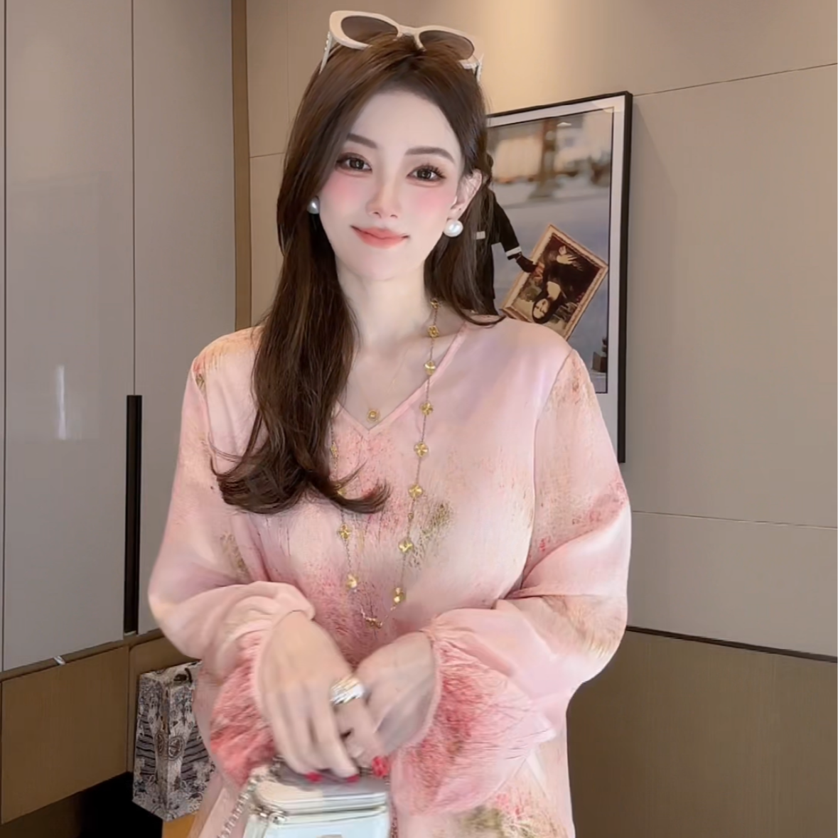 【丝芙玉禄】（F539）100%真丝双绉创意彩色印花桑蚕丝t恤上衣