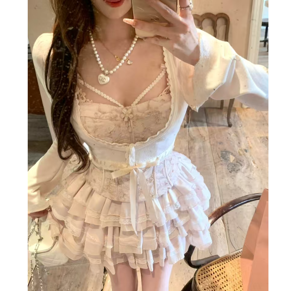 大码春季法式胸衣吊带粉色蕾丝花边蛋糕裙早秋套装10865