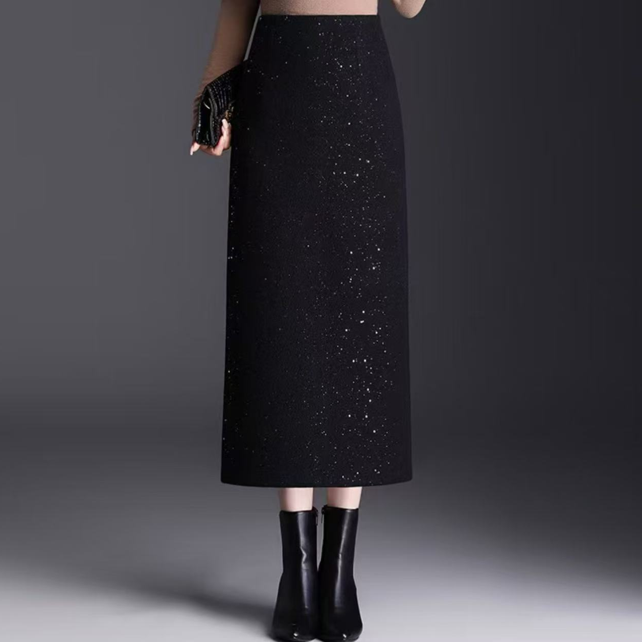 剀剀莉 新款(繁星点点）直筒包臀开叉毛呢小香风亮片长裙
