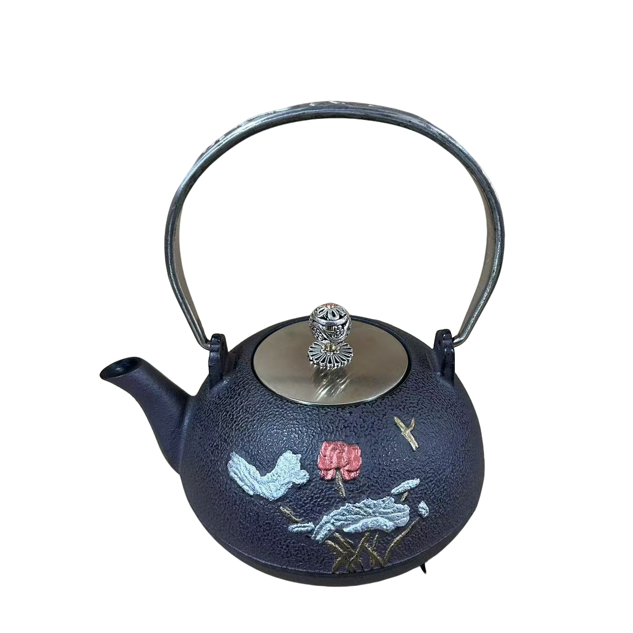日常家用蜻蜓莲叶荷花图案铸铁钢盖烧水壶茶壶