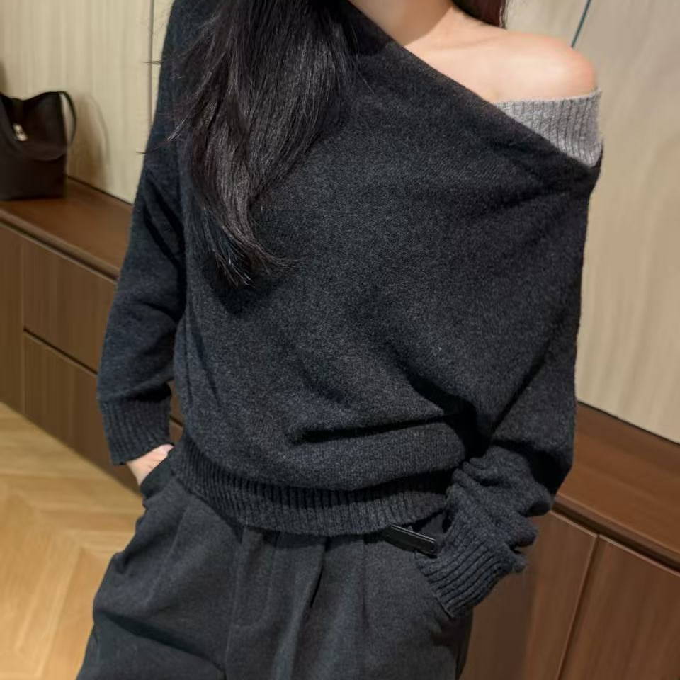 薇薇|斜肩气质纯色减龄长袖羊毛针织衫NH257366