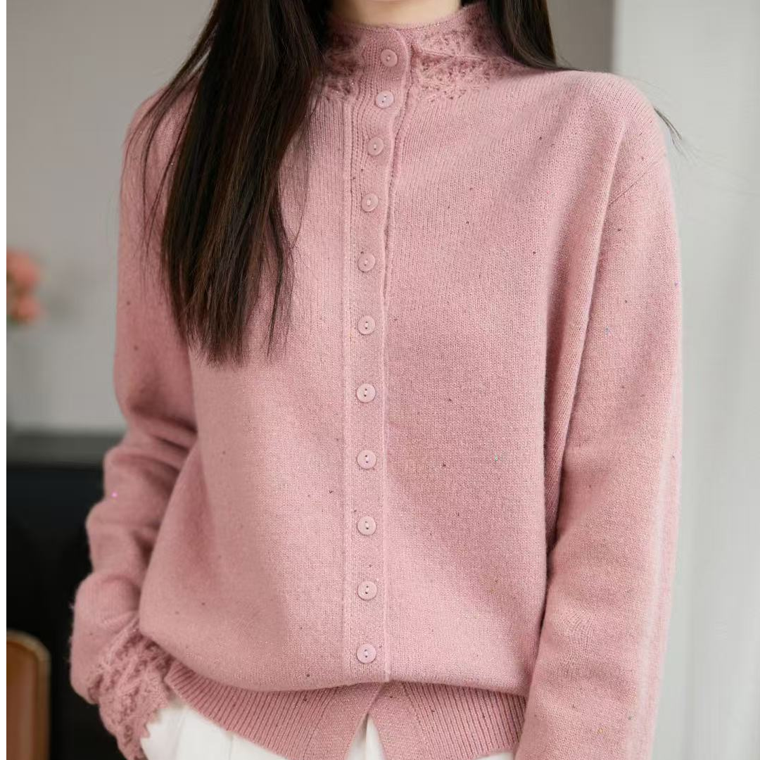 25年秋冬新款半高亮片毛衣女宽松针织衫外套长袖上衣镂空钩花